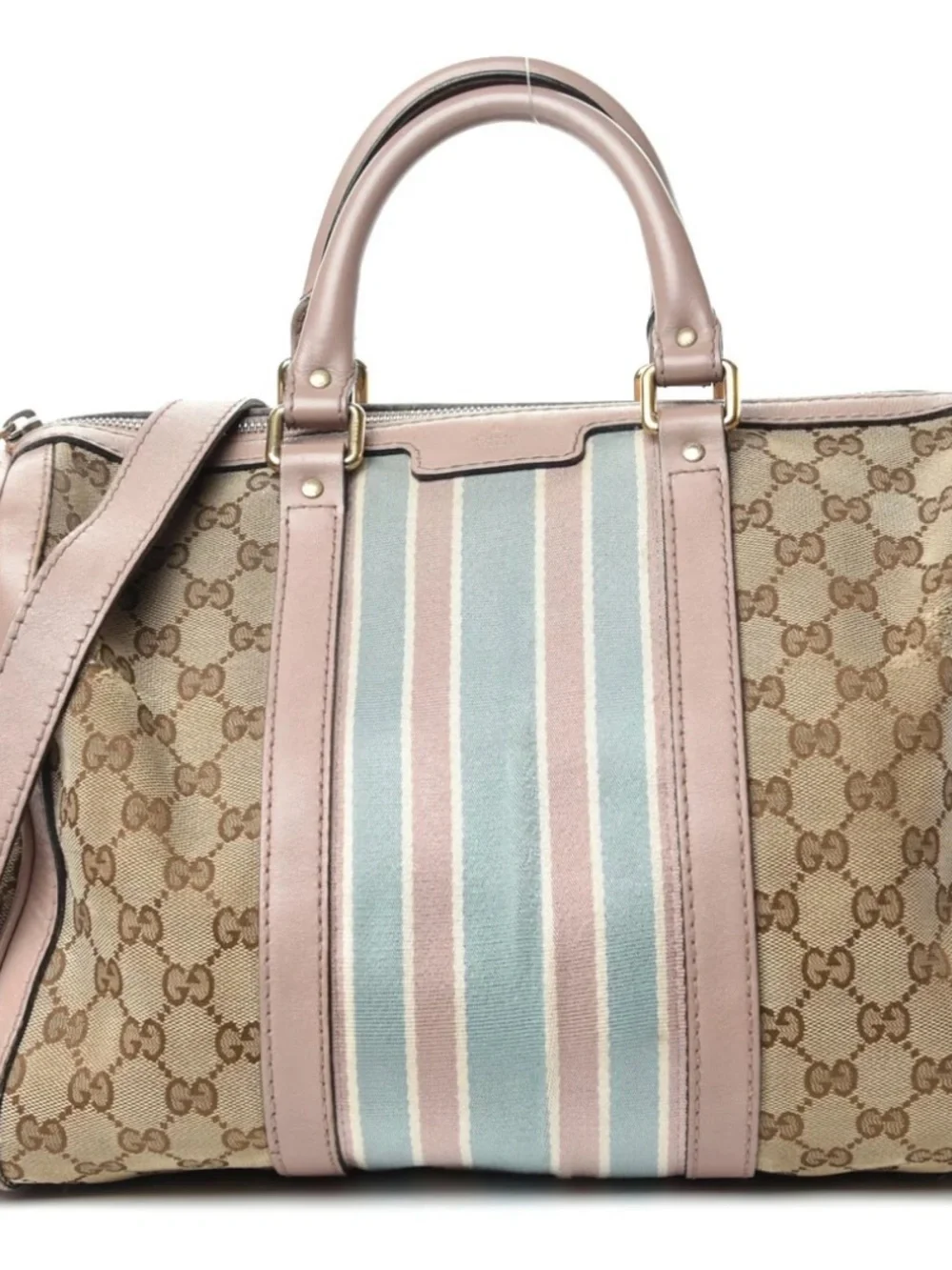 Gucci Beige Monogram Satchel with Pink and Blue Stripes